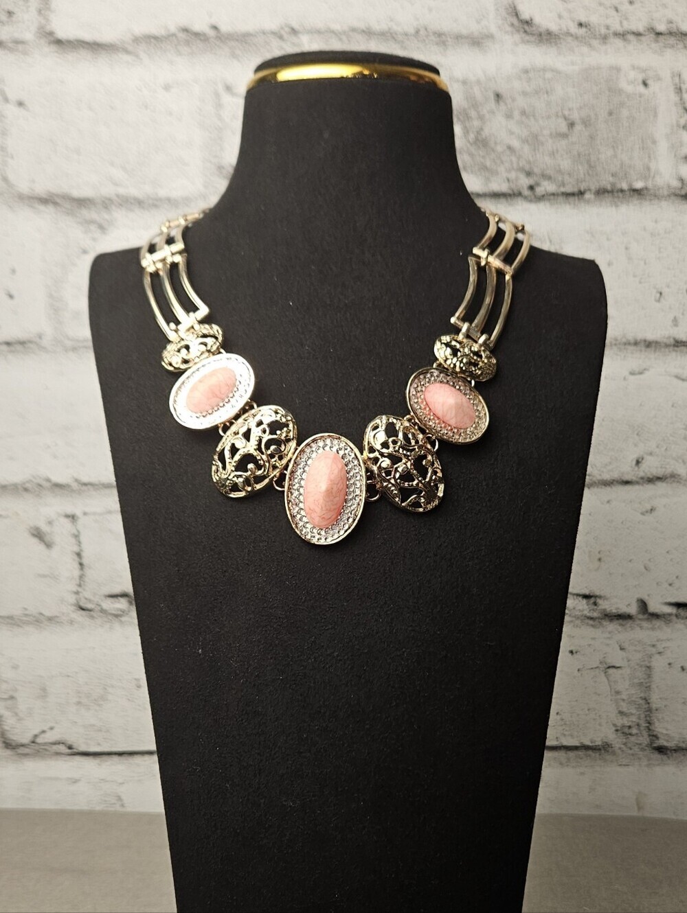 Gold Tone Pink Statement Necklace Rhinestone Filigree Bib Jewelry